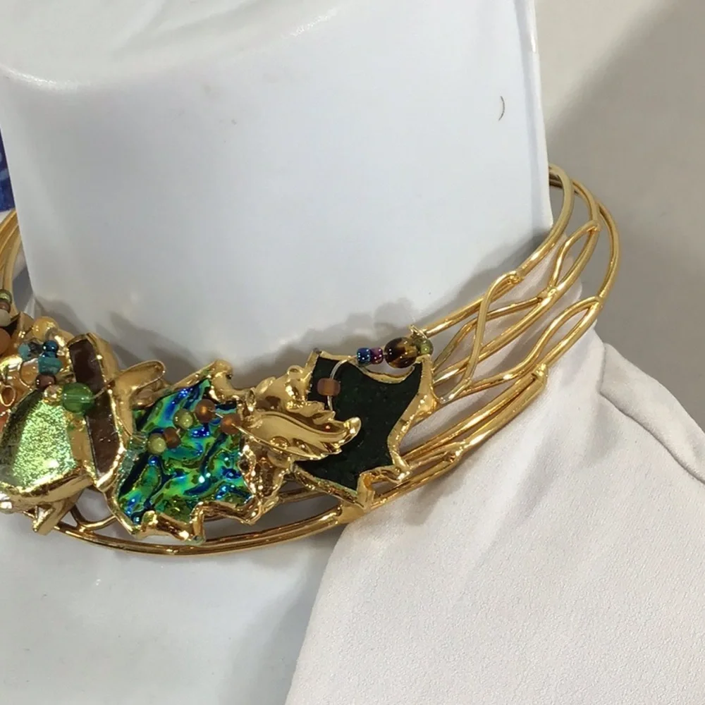 Vintage gold choker bib iridescent necklace